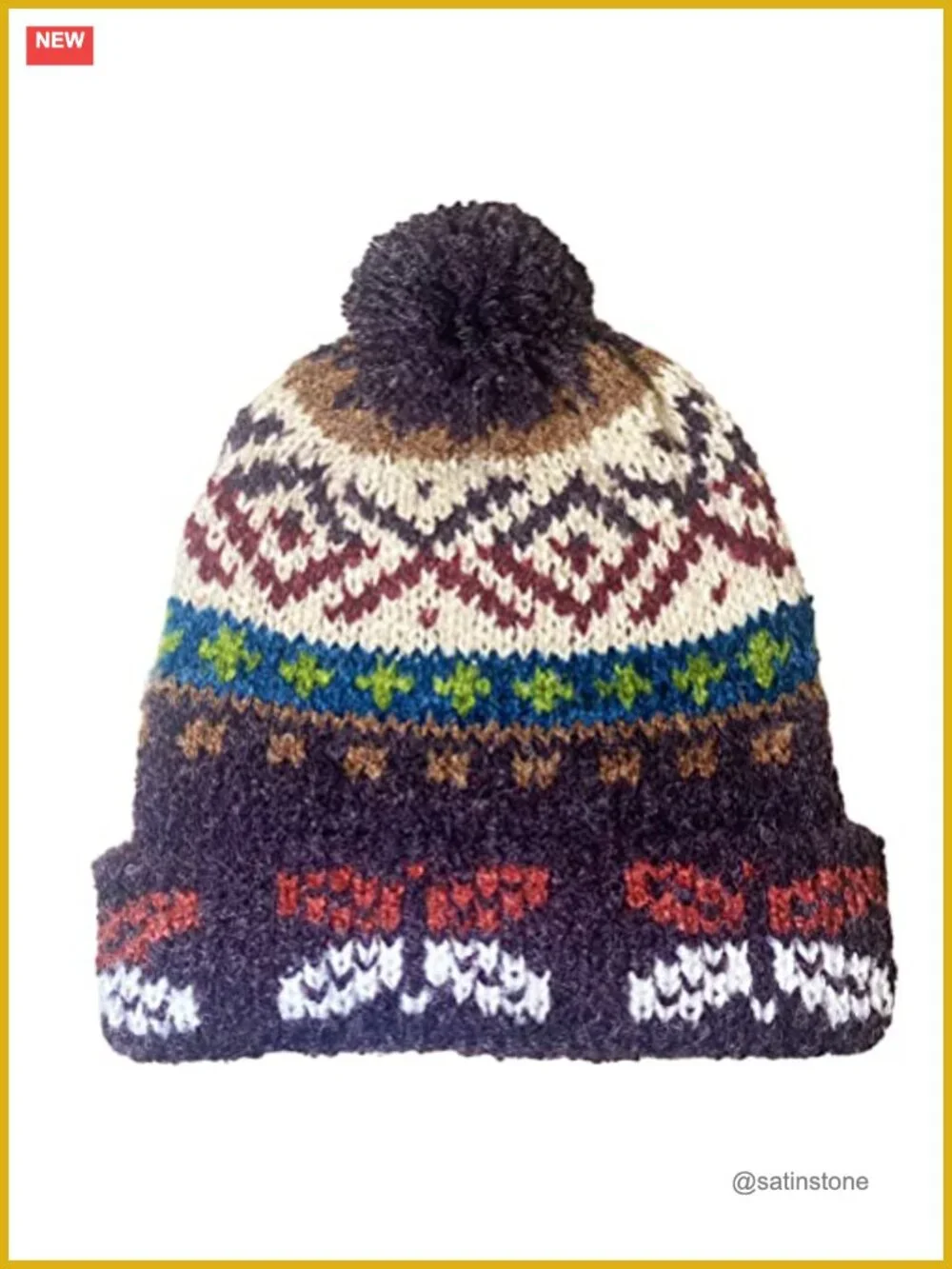 Handmade Alpaca Wool Beanie Bobble Hat Winter Unisex One Size